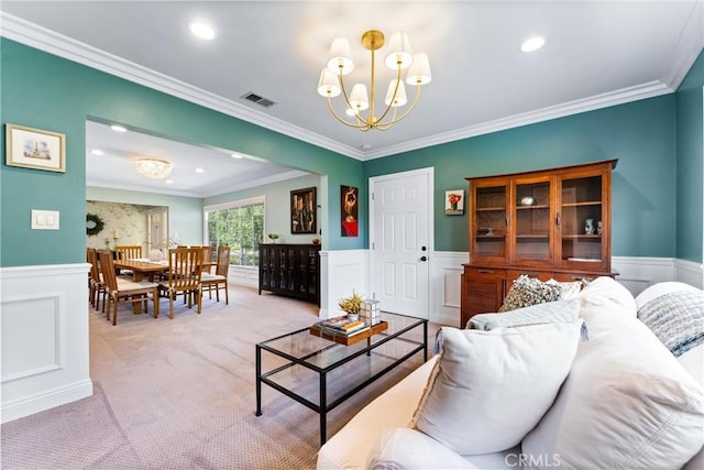 2618 N Louise St, Santa Ana, CA 92706 - living area featuring a chandelier, crown molding, a wainscoted wall, light colored carpet, and recessed lighting