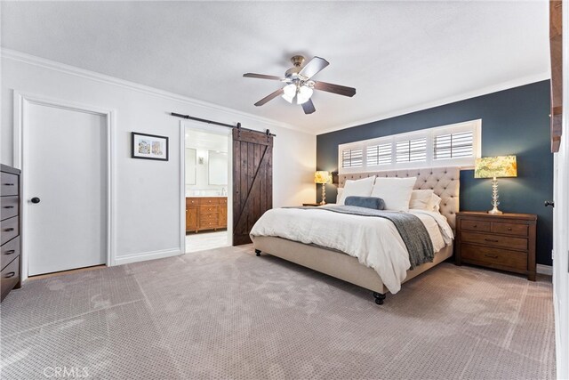2618 N Louise St, Santa Ana, CA 92706 - carpeted bedroom featuring crown molding, a barn door, baseboards, a ceiling fan, and connected bathroom