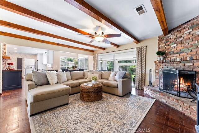2618 N Louise St, Santa Ana, CA 92706 - living room with ceiling fan, a brick fireplace, beamed ceiling, and recessed lighting
