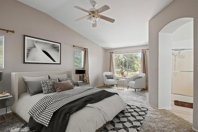 28335 Arroyo Ct, Castaic, CA 91384 - bedroom with lofted ceiling, arched walkways, ceiling fan, and carpet flooring