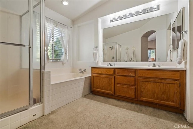28335 Arroyo Ct, Castaic, CA 91384 - bathroom featuring a stall shower, carpet floors, a garden tub, double vanity, and lofted ceiling