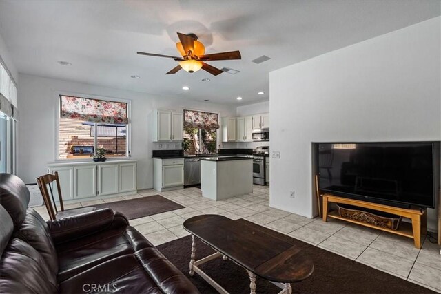 28335 Arroyo Ct, Castaic, CA 91384 - living area featuring a ceiling fan, light tile patterned floors, and recessed lighting