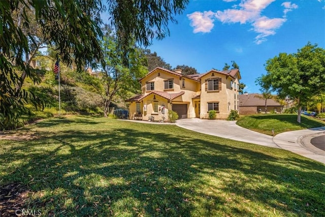 28335 Arroyo Ct, Castaic, CA 91384 - mediterranean / spanish-style house with stucco siding, an attached garage, concrete driveway, and a front lawn