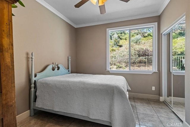 28335 Arroyo Ct, Castaic, CA 91384 - bedroom featuring ornamental molding, baseboards, light tile patterned flooring, and ceiling fan