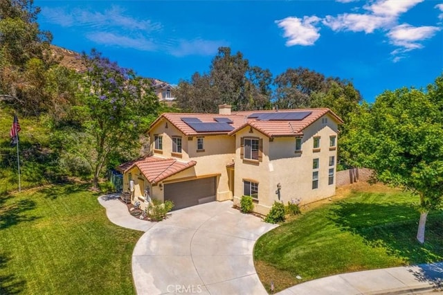 28335 Arroyo Ct, Castaic, CA 91384 - mediterranean / spanish-style house with a tiled roof, stucco siding, a chimney, an attached garage, and driveway