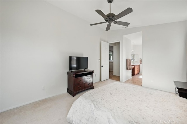 29661 Cambridge Ave, Castaic, CA 91384 - bedroom featuring light colored carpet, baseboards, ceiling fan, and connected bathroom