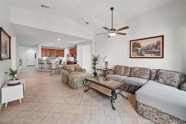 29661 Cambridge Ave, Castaic, CA 91384 - living area featuring vaulted ceiling, light tile patterned floors, a ceiling fan, and recessed lighting
