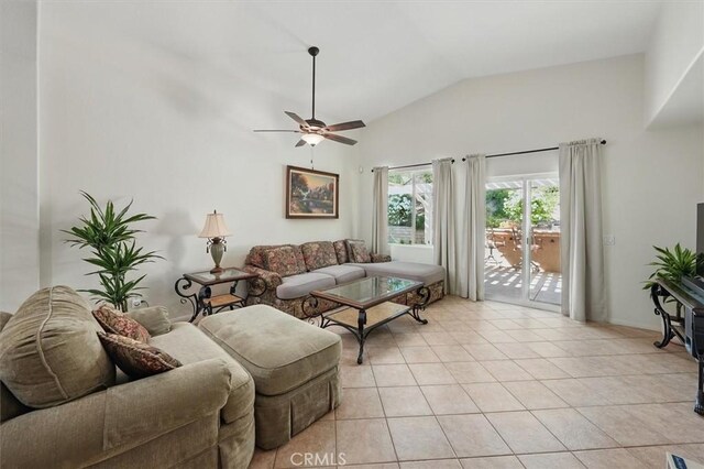 29661 Cambridge Ave, Castaic, CA 91384 - living room with vaulted ceiling, light tile patterned floors, and ceiling fan