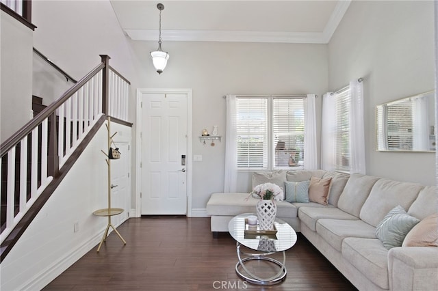 4885 Dandelion, Tracy, CA 95377 - living room featuring dark wood-style floors, ornamental molding, baseboards, stairway, and a high ceiling