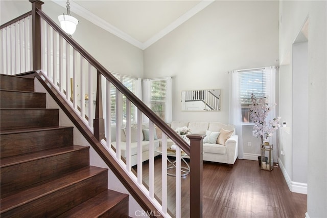 4885 Dandelion, Tracy, CA 95377 - stairway featuring crown molding, plenty of natural light, high vaulted ceiling, wood finished floors, and baseboards