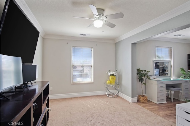 4885 Dandelion, Tracy, CA 95377 - office featuring a ceiling fan, crown molding, light carpet, baseboards, and a textured ceiling