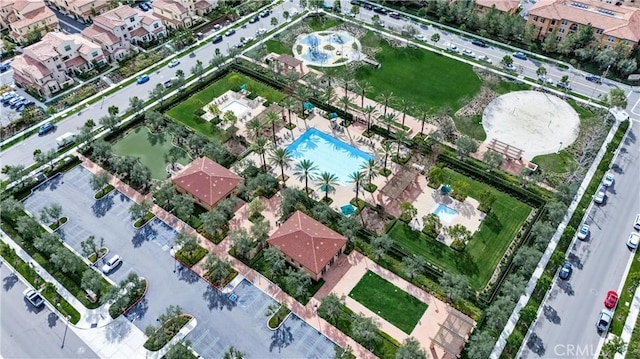 aerial overview of property's location with a pool area