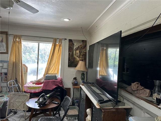 258 N Benton Way, Los Angeles, CA 90026 - sitting room featuring ornamental molding, healthy amount of natural light, and a ceiling fan