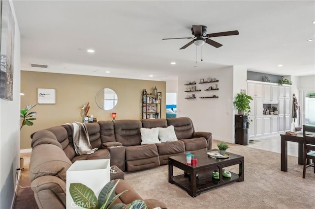 2921 Gibson St, Riverside, CA 92503 - living room featuring a ceiling fan, recessed lighting, light carpet, plenty of natural light, and baseboards