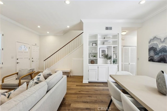 1304 12th St Unit B, Manhattan Beach, CA 90266 - living area with stairway, crown molding, recessed lighting, and dark wood-style floors