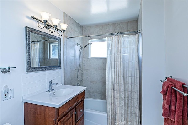 425 Calle Cielo, Nipomo, CA 93444 - bathroom with shower / tub combo, vanity, and decorative backsplash