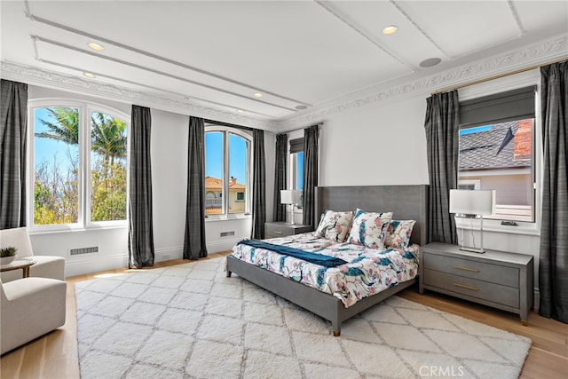 530 Kings Rd, Newport Beach, CA 92663 - bedroom with light wood-style flooring, recessed lighting, baseboards, and crown molding