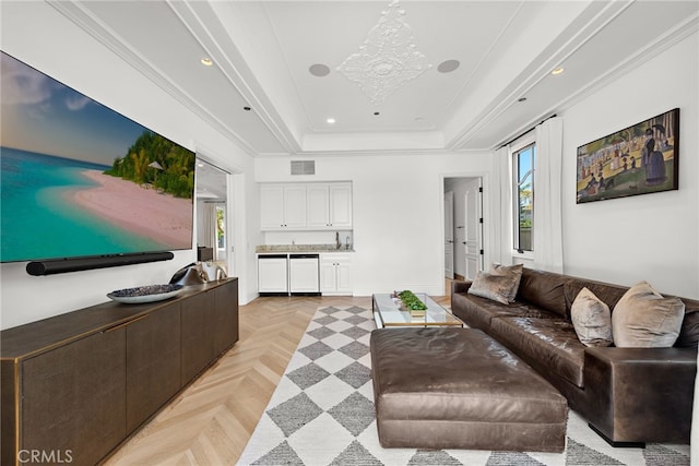 530 Kings Rd, Newport Beach, CA 92663 - living room featuring a tray ceiling, a chandelier, recessed lighting, and ornamental molding