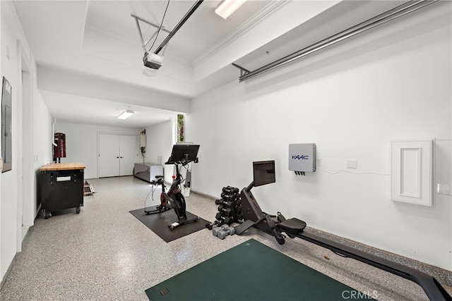 530 Kings Rd, Newport Beach, CA 92663 - workout room with a garage, a raised ceiling, and electric panel