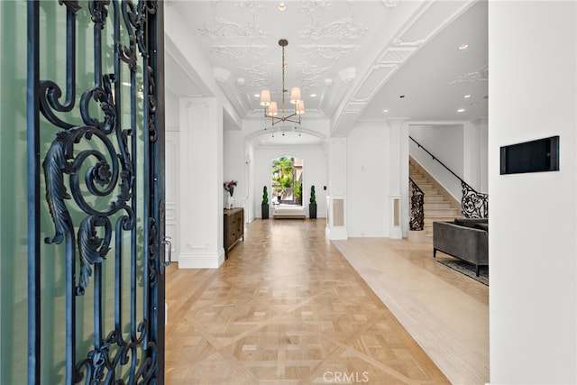 530 Kings Rd, Newport Beach, CA 92663 - entrance foyer featuring recessed lighting, stairway, a chandelier, and baseboards
