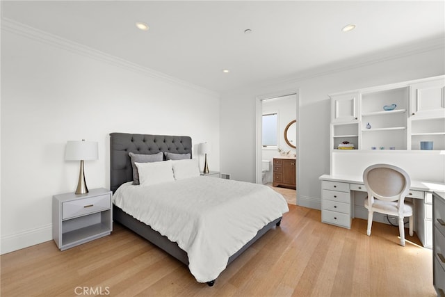 530 Kings Rd, Newport Beach, CA 92663 - bedroom featuring light wood finished floors, crown molding, baseboards, recessed lighting, and an office area