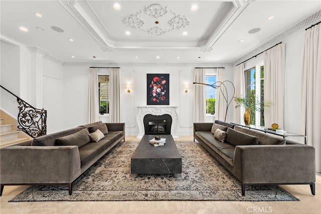 530 Kings Rd, Newport Beach, CA 92663 - living area with plenty of natural light, recessed lighting, stairway, a fireplace, and a tray ceiling