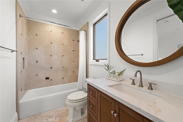 530 Kings Rd, Newport Beach, CA 92663 - bathroom featuring shower / bath combination with curtain, toilet, ornamental molding, vanity, and tile patterned flooring