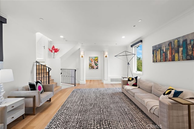 530 Kings Rd, Newport Beach, CA 92663 - living area with light wood-style flooring, crown molding, stairs, and recessed lighting