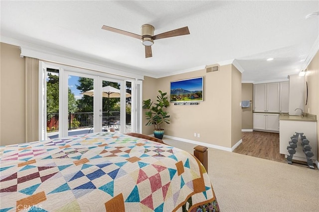 1412 Alta Mesa Way, Brea, CA 92821 - bedroom featuring access to exterior, light carpet, french doors, baseboards, and crown molding