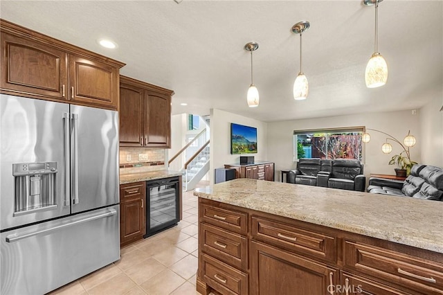 1412 Alta Mesa Way, Brea, CA 92821 - kitchen featuring high end fridge, beverage cooler, light tile patterned flooring, backsplash, and healthy amount of natural light