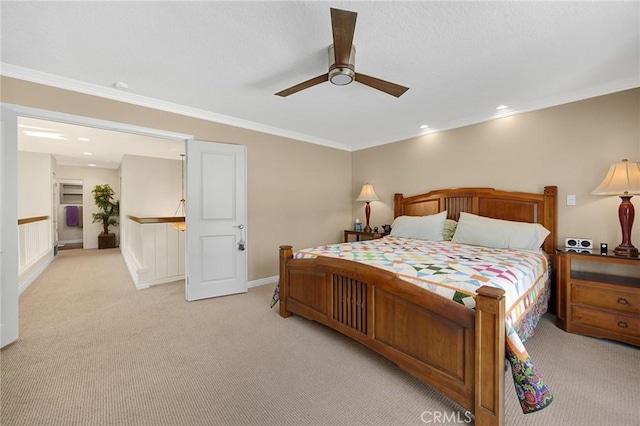 1412 Alta Mesa Way, Brea, CA 92821 - bedroom featuring light colored carpet, ornamental molding, baseboards, recessed lighting, and a ceiling fan