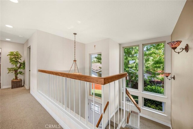1412 Alta Mesa Way, Brea, CA 92821 - hall featuring carpet flooring, baseboards, recessed lighting, and an upstairs landing