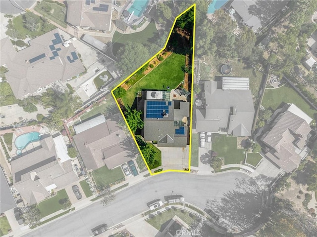 1412 Alta Mesa Way, Brea, CA 92821 - aerial perspective of suburban area featuring a pool and property boundaries highlighted