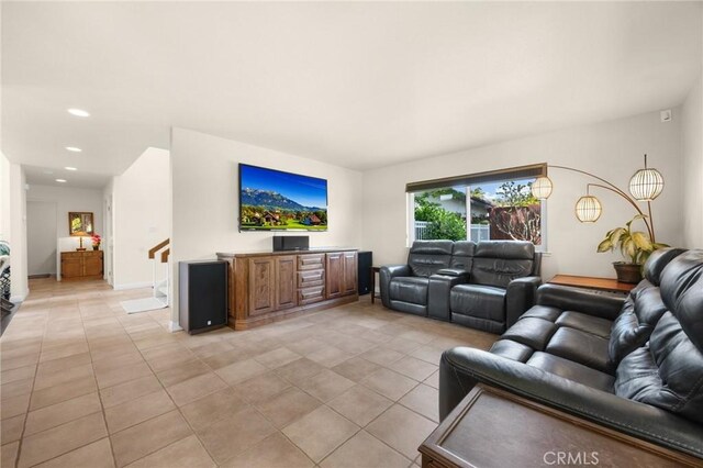 1412 Alta Mesa Way, Brea, CA 92821 - living room featuring light tile patterned floors, recessed lighting, and stairway