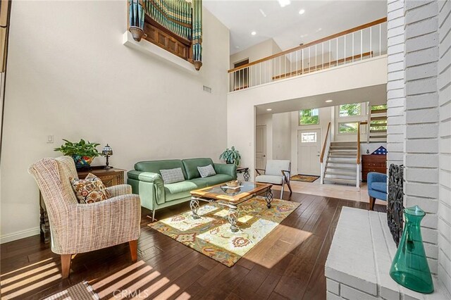 1412 Alta Mesa Way, Brea, CA 92821 - living area with stairs, hardwood / wood-style flooring, baseboards, a high ceiling, and recessed lighting