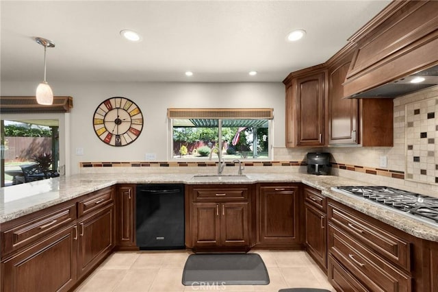 1412 Alta Mesa Way, Brea, CA 92821 - kitchen with a sink, premium range hood, stainless steel gas cooktop, dishwasher, and backsplash