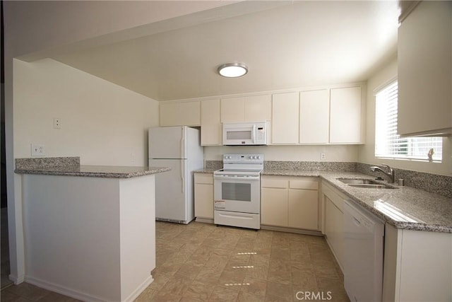 2400 Marshallfield Ln, Redondo Beach, CA 90278 - kitchen with white appliances, a sink, light stone counters, light flooring, and white cabinets