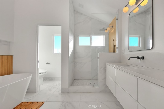 27 Burriana, San Clemente, CA 92672 - bathroom featuring marble finish flooring, walk in shower, toilet, vanity, and lofted ceiling