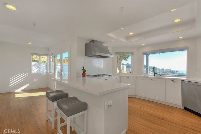 27 Burriana, San Clemente, CA 92672 - kitchen featuring wall chimney range hood, a sink, light wood-type flooring, stainless steel dishwasher, and recessed lighting