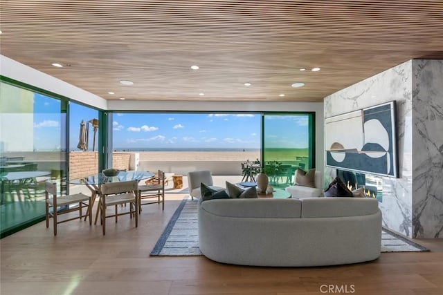 5007 Seashore Dr, Newport Beach, CA 92663 - living room featuring recessed lighting, wooden ceiling, wood finished floors, and plenty of natural light