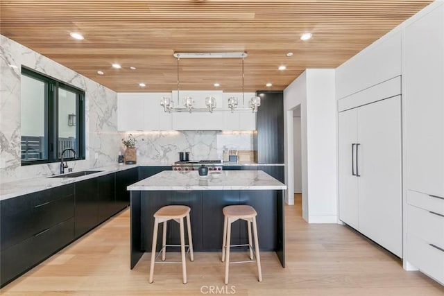 5007 Seashore Dr, Newport Beach, CA 92663 - kitchen featuring a sink, modern cabinets, wooden ceiling, a center island, and a breakfast bar area
