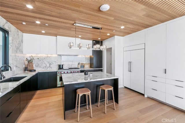 5007 Seashore Dr, Newport Beach, CA 92663 - kitchen featuring a sink, high end appliances, wood ceiling, a breakfast bar, and modern cabinets