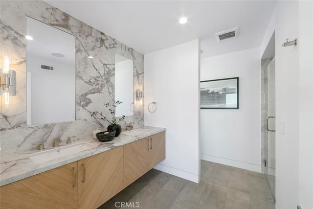 5007 Seashore Dr, Newport Beach, CA 92663 - full bath featuring a stall shower, decorative backsplash, double vanity, and recessed lighting
