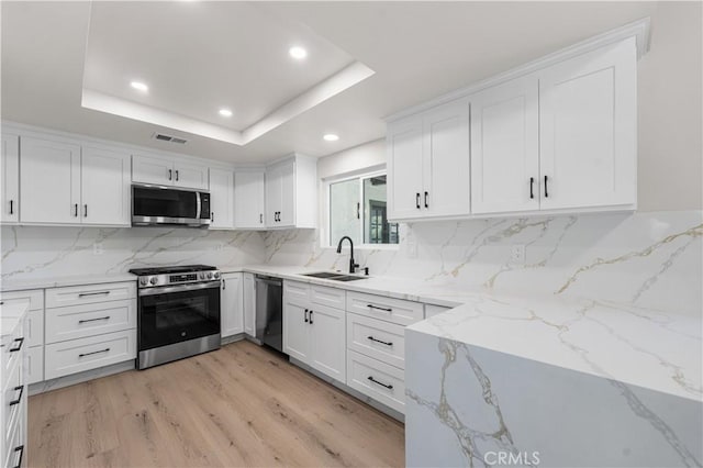 kitchen featuring appliances with stainless steel finishes, a sink, recessed lighting, tasteful backsplash, and white cabinetry