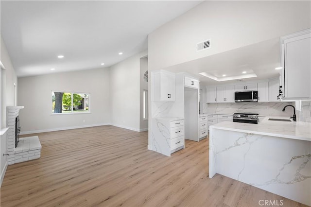 kitchen featuring appliances with stainless steel finishes, a sink, light stone countertops, open floor plan, and light wood-style flooring