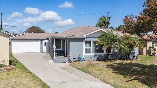 9489 Muroc St, Bellflower, CA 90706 - ranch-style house featuring driveway, stucco siding, a garage, and a front lawn