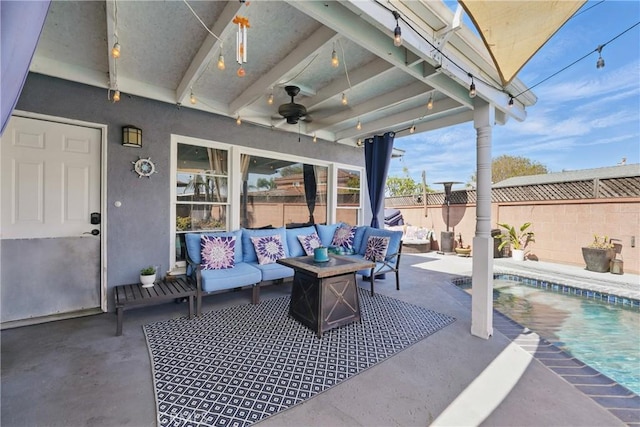 9489 Muroc St, Bellflower, CA 90706 - fenced backyard with outdoor lounge area, a patio area, and ceiling fan