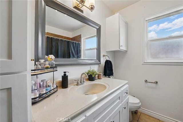9489 Muroc St, Bellflower, CA 90706 - bathroom with vanity, toilet, tile patterned floors, and a shower with shower curtain