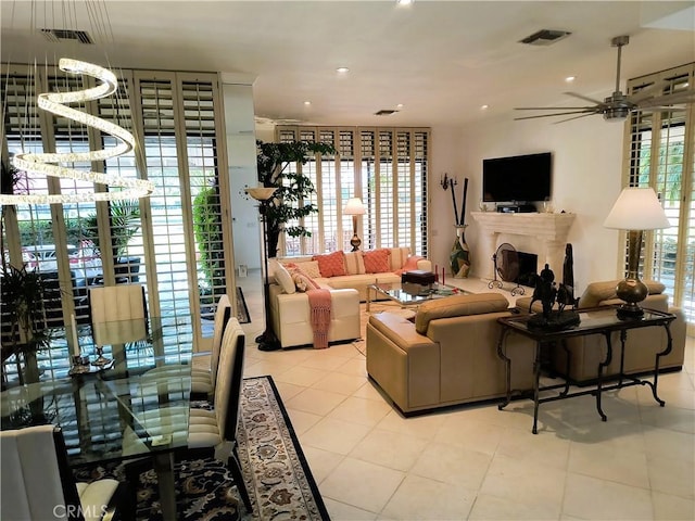 6 Whittier Ct, Rancho Mirage, CA 92270 - living room with ceiling fan, light tile patterned flooring, recessed lighting, and a fireplace