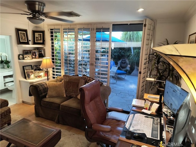 6 Whittier Ct, Rancho Mirage, CA 92270 - living room featuring a ceiling fan and ornamental molding